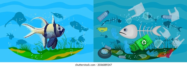 Stop ocean pollution banner. Ecological poster with difference between clean and dirty sea.Clear water with fish and polluted water with fishbones and garbage.Save the oceans.Stock vector illustration