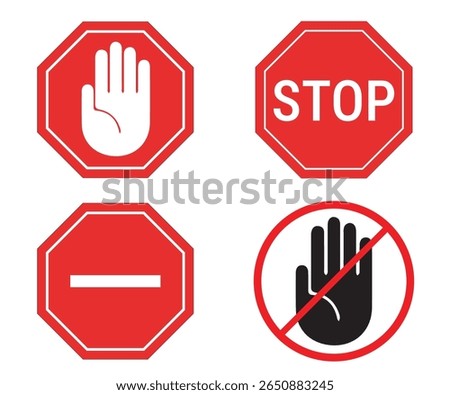STOP octagon road sign set with bold red warning symbols. Ideal vector collection for traffic, streets, highways, and public safety. Clean designs ready for print or digital signage use.