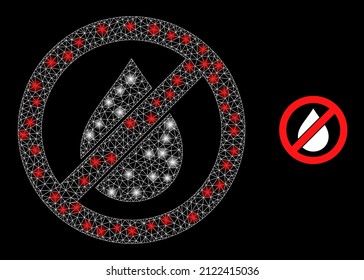 Stop oil icon and shiny mesh stop oil model with sparkle spots. Illuminated model is generated from stop oil vector icon and polygonal mesh. Glowing frame stop oil, on a black background.