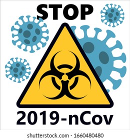 STOP Omicron COVID-19 Biological hazard icon, Novel coronavirus (2019-nCoV), Abstract virus strain model Novel corona virus 2019-nCoV with yellow biohazard symbol