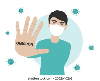 Stop Omicron variant B.1.1.529 of COVID-19. New strain of coronavirus. People must wearing protective face mask to protect from infection disease vector illustration