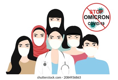 Detener la variante B.1.1.529 de Omicron de COVID-19. Nueva cepa de coronavirus. Las personas deben llevar una máscara protectora para protegerse de la infección