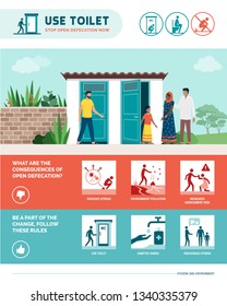 Stop Open Defecation Healthcare And Hygiene Infographic With Stick Figures And Icons, Disease Prevention And Environmental Care Concept