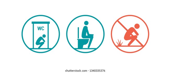 Stop Open Defecation And Hygiene Awareness Icons Set: Stick Figure Using A Toilet And Defecating Outdoors