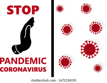 STOP pandemic COVID-19 symbol, Novel corona virus disease 2019-nCoV, elegant hand trying to stop abstract model of virus strain Novel coronavirus 2019-nCoV behind fragile barrier