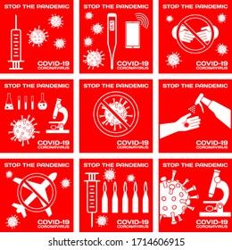 Stop the pandemic. Medical set of 9 banners. Red background, white pictures. Coronavirus 2019-nCov is a new coronavirus. Anti virus protection. Vector illustration