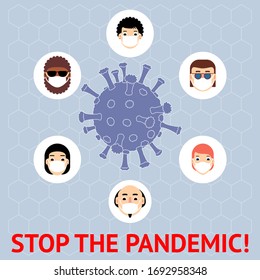  Detengan la pandemia. Personas de diferentes países con máscaras protectoras. Cartel. Coronavirus 2019-nCov novela coronavirus. Ilustración vectorial.