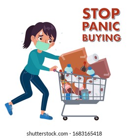 Stop Panic Buying. A Woman Wearing A Mask Pushes A Shopping Cart Full Of Grocerries And Household Items In Panic.