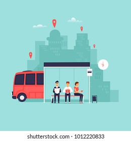 Stop, passengers are waiting for the bus. Flat vector illustration in cartoon style.
