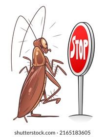 Stop Pest Illustration With A Funny Cartoon Cockroach.