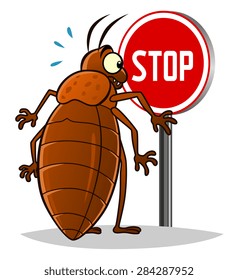 Stop pest illustration with a funny cartoon bedbug.