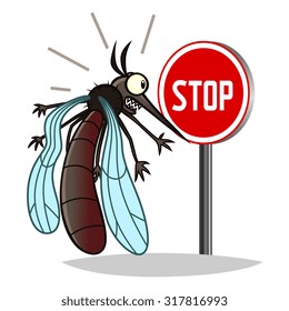 Stop pest illustration with a funny cartoon mosquito.