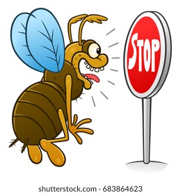 Stop pest illustration with a funny cartoon insect. Cartoon pest series. 