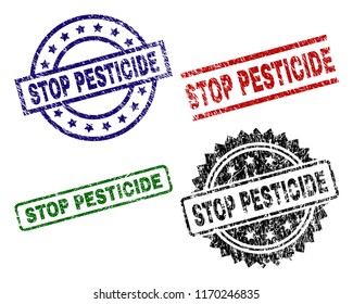 STOP PESTICIDE seal prints with damaged style. Black, green,red,blue vector rubber prints of STOP PESTICIDE text with grunge style. Rubber seals with round, rectangle, medallion shapes.
