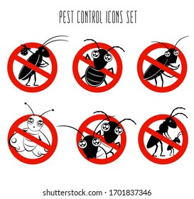 Stop pests concept. Pest control icons set. Collection of signs for informational and institutional related sanitation and care with funny cute cartoon insect in kawaii style. Vector illustration EPS8