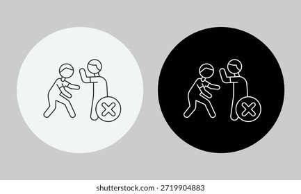 Detengan el acoso físico y el ícono de límite personal, Vector minimalista de arte de línea de persona que rechaza el tacto no deseado por seguridad, consentimiento y símbolo de ética en el lugar de trabajo