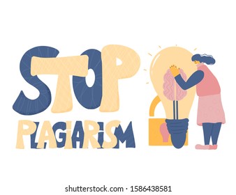 Stop plagiarism emblem, copyright. Young woman dressed in casual clothes trying to protect her idea. Intellectual property metaphor with character hugging a bulb. Vector flat illustration.