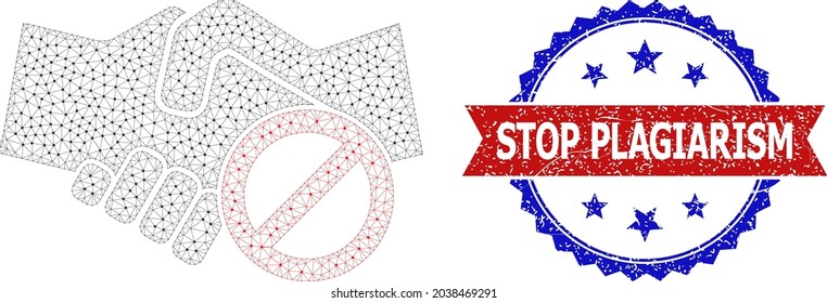 Stop Plagiarism Scratched Stamp Seal, And Avoid Handshake Icon Mesh Structure. Red And Blue Bicolor Stamp Seal Has Stop Plagiarism Tag Inside Ribbon And Rosette. Abstract 2d Mesh Avoid Handshake,