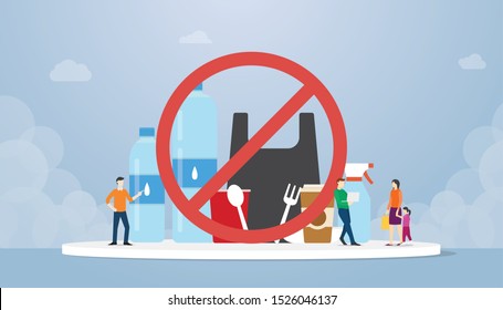 stop plastic campaign with various bottles plastics and other with team people and ban symbol with modern flat style - vector