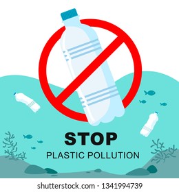 Stop plastic contamination. Plastic bottle with a sign of the plaid on the background of a sea of clogged bottles. Vector symbol