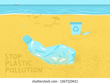 Stop plastic pollution, agitation poster. Ecological concept poster. Plastic crumpled bottles scattered the beach. Sign recycle garbage. People do not throw garbage in the urn. Vector illustration.