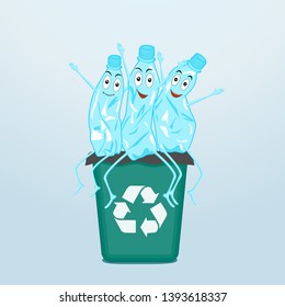 Stop plastic pollution, agitation poster.Ecological concept poster with funny cartoon character from crumpled plastic bottle. Sign recycle garbage. Plastic recycling.Do not litter.Vector illustration.