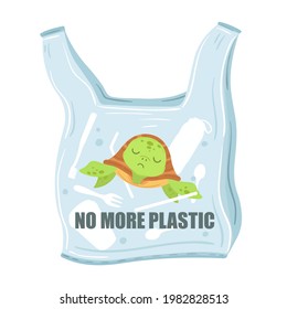 Stop plastic pollution. Plastic bags with turtle inside. Saving world and ocean, garbage ecological problem. Polluted sea exact vector poster