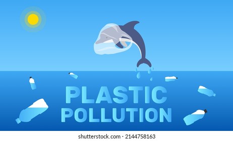 stop plastic pollution banner design.jumping dolphin from the water with plastic bag on head vector illustration