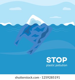 Stop plastic pollution banner with polyethylene disposable bag floating in blue sea or ocean water in flat style - vector illustration of ecological problem and environmental contamination.