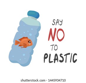 Stop plastic pollution banner. Protest against plastic garbage. Vector image of cartoon style plastic bottle with sad crying fish in it. Ecology concept illustration. Say No To Plastic lettering.
