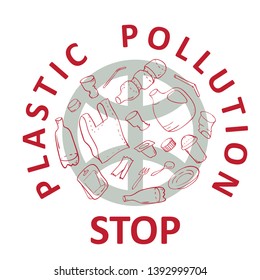 Stop plastic pollution banner template - slogan with set of transparent plastic package items in hand drawn line style. Plastic waste and pollution object vector background 