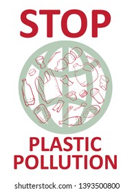 Stop plastic pollution banner template - slogan with set of transparent plastic package items in hand drawn line style. Plastic waste and pollution object vector background