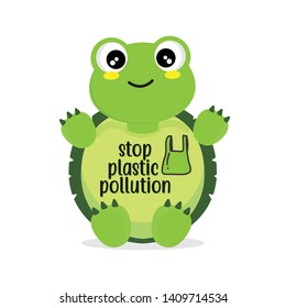 Stop plastic pollution with cute turtle cartoon.