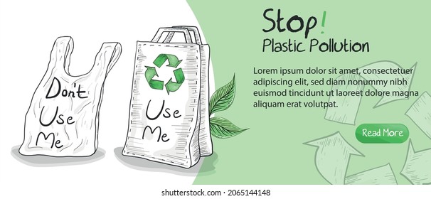 Detener la contaminación plástica. No use la bolsa de plástico use las bolsas ecológicas. Diseño de pancarta de ecología y ecología ambiental limpia. Elementos de diseño dibujados a mano. Página de inicio del sitio web o plantilla de afiches. 