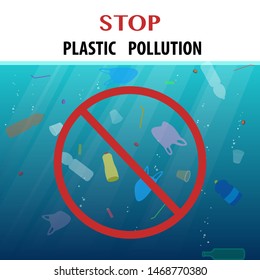 Stop plastic pollution ecological poster with floating garbage in the ocean and rad round sign. Global environmental problem concept. Vector illustration