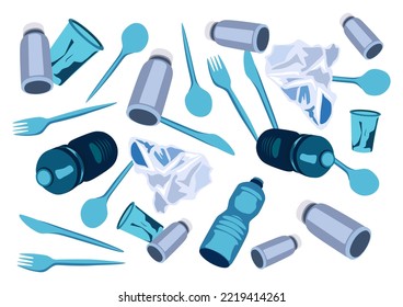 Stop plastic pollution. Isolated on white background. Plastic bottles, bags, knifes, spoons, forks. Blue plastic.