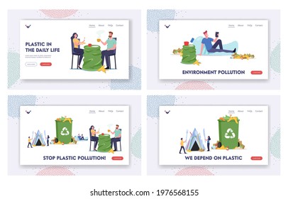 Stop Plastic Pollution Landing Page Template Set. People Living in Garbage and Mess, Unsanitary Conditions. Characters in Dirty Area Eat and Drink with Trash around. Cartoon Vector Illustration
