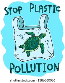 Stop plastic pollution lettering. Vector illustration of sea turtle in plastic bag. Pollution problem concept. Ecological poster. 