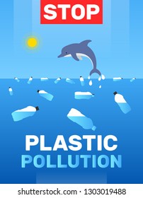 stop plastic pollution poster design.jumping dolphin among the floating bottles in the water