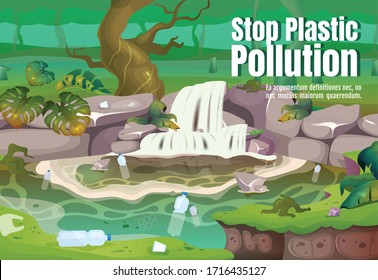 Stop plastic pollution poster flat vector template. Contamination in water. Polluted tropical forest. Brochure, booklet one page concept design with cartoon characters. Jungle flyer, leaflet