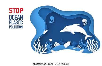 stop plastic pollution poster paper cut. Dolphin in underwater background with plastic waste and coral reefs. vector illustration in origami craft style. Save the ocean and water concept. 