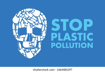 Stop plastic pollution poster with skull collected of plastic trash. Ecology banner.