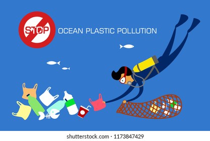 Stop plastic pollution. Reduce, Reuse, Recycle. Scuba diver cleaning plastic trash from ocean. vector illustration.