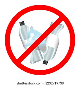 Stop plastic pollution. Rumpled Plastic dishes and bags. Red circle crossed out