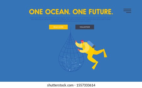 Stop Plastic Pollution, Save Ocean Website Landing Page. Diver Cleaning Plastic Trash From Ocean Collecting Garbage to Basket Bag. Ecology Protection Web Page Banner. Cartoon Flat Vector Illustration