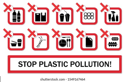 Stop plastic pollution. Say no to plastic. Stop using single use plastic bags, straws, bottles and cups. Protest against plastic garbage.  Icon set. Isolation. Vector 