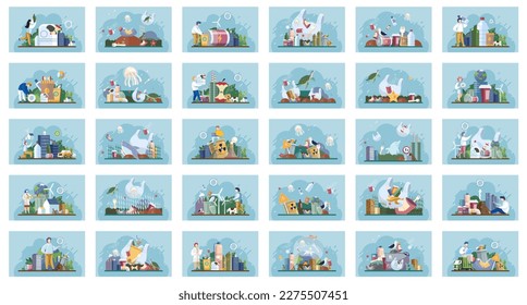 Stop plastic pollution set. Bag bottle recycle sign package disposal waste contamination disposable dish. Save planet. Earth day. Food waste and meal leftovers garbage. Waste pollution. Garbage