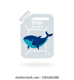 Stop plastic pollution! Vector flat illustration for World Environment Day. A whale swims in a plastic canister. Harm to nature. Poster design.