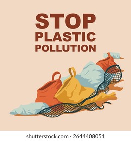 Parar projeto de cartaz vetor da poluição do plástico. Ilustração de vetor plano com resíduos de plástico e mensagem em negrito para parar a poluição por plástico. Ideal para campanhas de conscientização, cartazes ou conteúdo educacional.