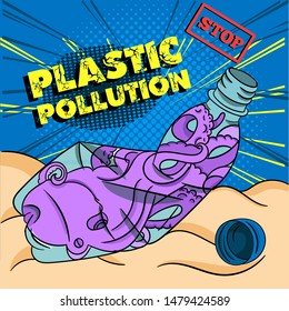 Stop Plastic Pollution warning pop-art concept image with an octopus trapped inside crumpled bottle, dying on the bottom of the sea. VECTOR illustration